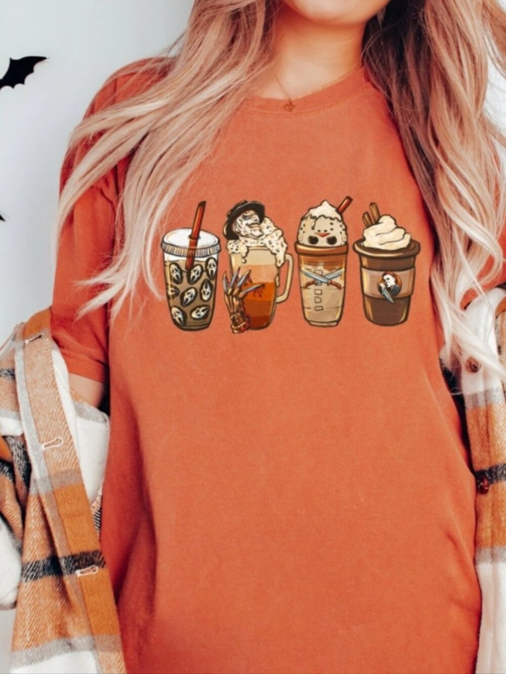 Team 365 Orange Crewneck Tee Graphic Coffee Halloween Theme Freddy Scream Jason